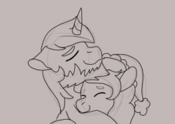 Size: 1520x1080 | Tagged: safe, artist:euspuche, oc, oc only, earth pony, pony, unicorn, animated, chest fluff, christmas, commission, frame by frame, gif, hat, holiday, kissing, looking at each other, oc x oc, santa hat, shipping