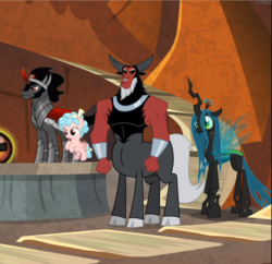 Size: 884x856 | Tagged: safe, screencap, cozy glow, king sombra, lord tirek, queen chrysalis, centaur, changeling, changeling queen, pegasus, pony, unicorn, the beginning of the end, bow, cape, clothes, cloven hooves, colored hooves, colored horn, cropped, curved horn, female, filly, flying, group, hair bow, horn, legion of doom, male, nose piercing, nose ring, piercing, septum piercing, stallion