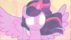 Size: 1669x941 | Tagged: safe, screencap, twilight sparkle, alicorn, pony, g4, the beginning of the end, ethereal mane, female, glowing eyes, glowing horn, horn, magic, magic of friendship, mare, raised eyebrow, smiling, solo, spread wings, twilight sparkle (alicorn)
