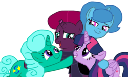 Size: 1440x877 | Tagged: safe, artist:徐詩珮, fizzlepop berrytwist, glitter drops, spring rain, tempest shadow, twilight sparkle, alicorn, pony, unicorn, series:sprglitemplight diary, series:springshadowdrops diary, g4, alternate universe, base used, bisexual, broken horn, clothes, cute, female, glitterbetes, happy, horn, lesbian, polyamory, scarf, ship:glitterlight, ship:glittershadow, ship:sprglitemplight, ship:springdrops, ship:springlight, ship:springshadow, ship:springshadowdrops, ship:tempestlight, shipping, simple background, springbetes, tempestbetes, transparent background, twiabetes, twilight sparkle (alicorn)