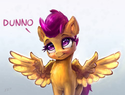 Size: 2804x2126 | Tagged: safe, artist:xbi, scootaloo, pegasus, pony, g4, cute, cutealoo, dialogue, dunno, female, filly, gradient background, high res, shrug, solo, spread wings, wing hands, wing shrug, wings