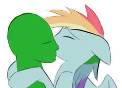 Size: 770x554 | Tagged: safe, edit, rainbow dash, oc, oc:anon, human, pegasus, pony, g4, cropped, eyes closed, female, kissing, mare, simple background, white background