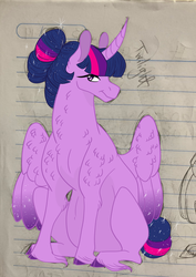 Size: 2247x3176 | Tagged: safe, artist:lunarainbowfarts, twilight sparkle, alicorn, pony, g4, alternate hairstyle, female, high res, horn, lined paper, preglight sparkle, pregnant, sitting, solo, twilight sparkle (alicorn), unshorn fetlocks, wings