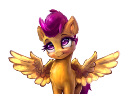 Size: 2804x2126 | Tagged: safe, alternate version, artist:xbi, scootaloo, pegasus, pony, g4, cute, cutealoo, female, filly, high res, shrug, simple background, solo, spread wings, transparent background, wing hands, wing shrug, wings