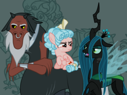 Size: 1600x1200 | Tagged: safe, artist:squipycheetah, cozy glow, lord tirek, queen chrysalis, centaur, changedling, changeling, changeling queen, pegasus, pony, g4, the ending of the end, argument, bow, crossed arms, crown, debate in the comments, female, filly, floppy ears, former queen chrysalis, freckles, frown, glare, hair bow, horn, i have no mouth and i must scream, jewelry, karma, legion of doom, legion of doom statue, looking back, looking down, male, nose piercing, nose ring, petrification, piercing, raised hoof, regalia, septum piercing, shackles, sitting, spread wings, transparent wings, trio, unhappy, wings