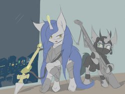 Size: 1600x1200 | Tagged: safe, artist:k_clematis, oc, oc:caroline, changeling, pony, unicorn, armor, bipedal, building, changeling oc, clothes, duo, glowing horn, headset, helmet, hoof hold, horn, magic, night, spear, telekinesis, weapon