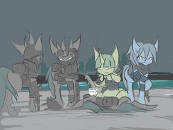 Size: 1600x1200 | Tagged: safe, artist:k_clematis, oc, oc only, oc:oriponi, bat pony, changeling, changeling queen, pony, unicorn, armor, bat pony oc, changeling queen oc, clothes, horn, sitting, soldier, unicorn oc, vest