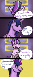 Size: 1300x3000 | Tagged: safe, artist:azurllinate, starlight glimmer, twilight sparkle, alicorn, pony, unicorn, g4, back to viewer, blushing, comic strip, disney, equal sign, equality, eyes closed, facing away, female, hoof on chest, just a pancake, kingdom hearts, legs raised, mare, ponytail, questioning, smiling, speech, speech bubble, squint, twilight sparkle (alicorn)