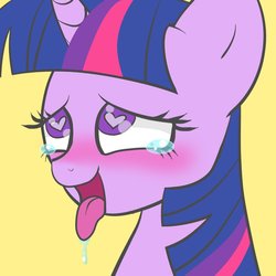 Size: 1026x1026 | Tagged: safe, artist:cherry days, twilight sparkle, pony, unicorn, g4, ahegao, blushing, bust, crying, drool, eyes rolling back, female, heart eyes, lidded eyes, mare, open mouth, simple background, smiling, solo, tears of pleasure, teary eyes, tongue out, unicorn twilight, wingding eyes, ych result, yellow background