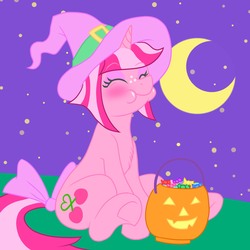 Size: 2520x2520 | Tagged: safe, artist:cherry days, artist:sketchy_fox, oc, oc only, oc:cherry days, pony, unicorn, bow, candy, cheeks, chest fluff, colored, crescent moon, cute, cutie mark, eating, eyes closed, female, food, full body, halloween, hat, high res, holiday, moon, night, nightmare night, pink coat, pink mane, pumpkin bucket, simple background, sitting, sketch, solo, stars, straight mane, sweets, tail bow, transparent moon, trick or treat, underhoof, witch costume, witch hat