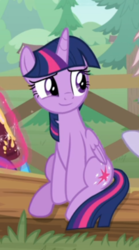 Size: 314x563 | Tagged: safe, screencap, twilight sparkle, alicorn, pony, g4, the point of no return, book, cropped, cute, female, fence, mare, sitting, smiling, solo, tree, twiabetes, twilight sparkle (alicorn)