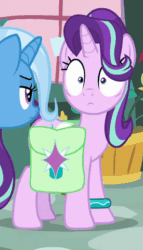 Size: 275x480 | Tagged: safe, screencap, starlight glimmer, trixie, pony, unicorn, g4, student counsel, animated, bracelet, cropped, duo, female, gif, grin, jewelry, nervous, nervous smile, saddle bag, smiling