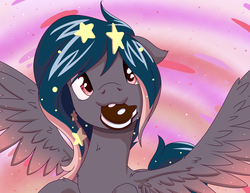 Size: 3300x2550 | Tagged: safe, artist:misterph0enix, oc, oc:star universe, pegasus, pony, cookie cat, ethereal mane, female, food, high res, ice cream, ice cream sandwich, mare, solo, spread wings, starry mane, steven universe, wings