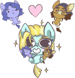 Size: 360x370 | Tagged: safe, artist:peachesandcreamated, oc, oc only, oc:golden dust, oc:tranquil feather, oc:wandering mind, pony, animated, chibi, gif, glasses, hat, heart, hoof hold, plushie, simple background, sitting, smiling, solo, transparent background, wide eyes, ych result