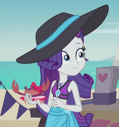 Size: 933x997 | Tagged: safe, screencap, rarity, crab, equestria girls, g4, my little pony equestria girls: better together, too hot to handle, banner, beach, beach babe, bikini, bikini babe, brochure, clothes, cropped, cute, female, geode of empathy, geode of shielding, geode of sugar bombs, geode of super speed, geode of super strength, hat, magical geodes, midriff, raribetes, rarity's blue sarong, rarity's purple bikini, sarong, solo, sun hat, swimsuit