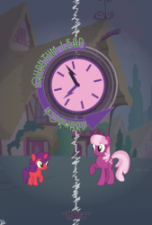 Size: 8100x12000 | Tagged: safe, artist:tikibat, derpibooru exclusive, cheerilee, oc, oc:candy apple, earth pony, pony, unicorn, fanfic:quantum leap forward, g4, arrow, clock, fanfic, fanfic art, looking at each other, ponyville, poster, raised hoof