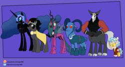 Size: 6000x3240 | Tagged: safe, artist:eagc7, cozy glow, grogar (g1), king sombra, lord tirek, nightmare moon, queen chrysalis, alicorn, centaur, changeling, changeling queen, pegasus, pony, sheep, umbrum, g4, absurd resolution, bane, cape, clothes, commission, costume, darkseid, dc comics, eclipso, female, filly, gloves, jacket, ko-fi, legion of doom, male, mare, mask, parallax, patreon, ram, red eyes, ring, simple background, sleeveless, stallion, star sapphire, tank top, terra