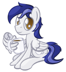 Size: 2040x2200 | Tagged: safe, artist:phat_guy, derpibooru exclusive, oc, oc only, oc:officer hotpants, pegasus, pony, 2020 community collab, derpibooru community collaboration, coffee, coffee mug, drink, high res, looking at you, male, mug, simple background, sitting, smiling, solo, stallion, transparent background, wing hands, wing hold, wings
