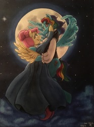 Size: 1535x2058 | Tagged: safe, artist:gabisakura, fluttershy, rainbow dash, pegasus, semi-anthro, the count of monte rainbow, g4, arm hooves, bipedal, broadway, clothes, crossover, edmond dantes, female, full moon, lesbian, mercedes, moon, musical, night, rainbow dantes, reunited, ship:flutterdash, shipping, shycedes, stars, the count of monte cristo, traditional art