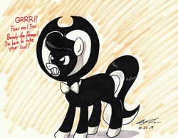 Size: 2504x1941 | Tagged: safe, artist:newyorkx3, oc, oc:tommy junior, pony, bendy and the ink machine, clothes, cosplay, costume, halloween, halloween costume, holiday, traditional art