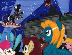 Size: 3261x2531 | Tagged: safe, artist:newyorkx3, oc, oc:annomaniac, oc:tommy junior, unnamed oc, earth pony, pony, unicorn, berlin, berlin wall, brandenburg gate, clothes, colt, crowd, david hasselhoff, eyes closed, female, fireworks, flag, german, german flag, germany, glasses, happy, headset mic, high res, looking for freedom, male, mare, music notes, scarf, singing, song reference, stallion, traditional art
