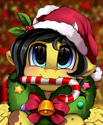 Size: 1446x1764 | Tagged: safe, artist:pridark, oc, oc only, oc:reia hope, earth pony, pony, blue eyes, candy, candy cane, christmas, commission, cute, food, hat, holiday, ocbetes, pridark's christmas ponies, santa hat, solo, wreath, ych result