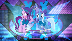 Size: 3840x2160 | Tagged: safe, artist:laszlvfx, artist:mundschenk85, edit, starlight glimmer, trixie, pony, unicorn, g4, my little pony best gift ever, winter wrap up, blushing, duo, female, high res, lesbian, mare, ship:startrix, shipping, show accurate, toque, wallpaper, wallpaper edit, winter wrap up vest