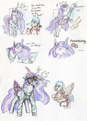 Size: 2432x3368 | Tagged: safe, artist:grimmyweirdy, flash sentry, twilight sparkle, alicorn, pony, g4, the last problem, apron, bucket, clothes, faic, female, high res, hoodie, long, male, older, older twilight, older twilight sparkle (alicorn), princess twilight 2.0, ship:flashlight, shipping, straight, teasing, tongue out, traditional art, twilight sparkle (alicorn), whisk, whiskers, xk-class end-of-the-kitchen scenario