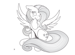 Size: 7139x5215 | Tagged: safe, artist:joey darkmeat, artist:midwestbrony, fluttershy, pegasus, pony, g4, absurd resolution, blushing, female, floppy ears, mare, monochrome, raised hoof, simple background, sitting, solo, vector, white background