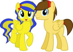 Size: 5557x4000 | Tagged: safe, artist:parclytaxel, derpibooru exclusive, oc, oc only, oc:aspire bolt, oc:swivel starsong, pegasus, pony, 2020 community collab, derpibooru community collaboration, .svg available, absurd resolution, best friends, female, looking at you, male, mare, simple background, smiling, stallion, transparent background, vector