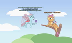 Size: 7951x4828 | Tagged: safe, artist:gd_inuk, ocellus, smolder, changedling, changeling, dragon, g4, the last problem, absurd resolution, claws, cloud, consoling, crossed legs, crush plush, cup, dialogue, dragoness, drink, eyes closed, female, flying, folded wings, scene interpretation, sitting, tea, tree, wings