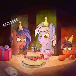 Size: 894x894 | Tagged: safe, artist:emerson-vzn, oc, oc:aevery, oc:holly, oc:nyreen, bat pony, pegasus, pony, birthday, birthday cake, birthday hats, birthday present, cake, candle, candlelight, clothes, digital art, female, food, group, male, socks