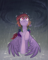 Size: 1600x2000 | Tagged: safe, artist:mirtash, rainbow dash, pegasus, pony, g4, crying, female, floppy ears, front view, full face view, looking up, mare, rain, raised hoof, sad, solo, spread wings, wet mane, wings, wings down