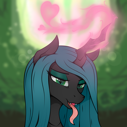 Size: 2400x2400 | Tagged: safe, artist:kirr12, queen chrysalis, changeling, changeling queen, bedroom eyes, eyeshadow, female, heart, high res, looking at you, love magic, magic, makeup, mare, solo, tongue out