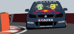 Size: 2263x1051 | Tagged: safe, artist:didgereethebrony, oc, oc:didgeree, oc:ponyseb, pegasus, pony, 888, bathurst, caltex, car, colored, concrete wall, craig lowndes, flat colors, helmet, holden, holden commodore, hot lap, mlp in australia, motorsport, mount panorama, mount panorama circuit, race track, racecar, redbull, scared, trace, v8 supercars