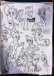 Size: 1900x2660 | Tagged: safe, artist:melisareb, florina tart, gallus, golden hooves (g4), helia, iron will, neon lights, rising star, silver spoon, suri polomare, earth pony, griffon, minotaur, pegasus, pony, unicorn, g4, anti-static brush, apple family member, argentum, backwards thermometer, balloon, bed, blanket, brush, coin, cup, female, ferrum, fluorine, gallium, helium, iron, medal, melting, mercury (element), monochrome, neon, periodic table, phonograph, pillow, polonium, rust, silver, thermometer, toothbrush, toothpaste, traditional art, wip