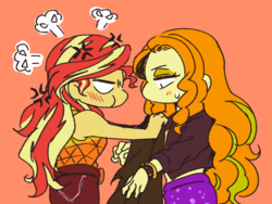 Size: 1600x1200 | Tagged: safe, artist:raika0306, adagio dazzle, sunset shimmer, human, equestria girls, g4, anime, clothes, covering, cross-popping veins, digital art, duo, female, lesbian, music festival outfit, ship:sunsagio, shipping