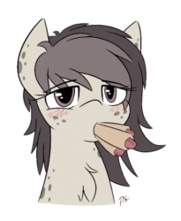 Size: 394x480 | Tagged: safe, artist:fakskis, oc, oc only, oc:polka dot, pony, animated, bedroom eyes, blushing, chest fluff, eyebrow wiggle, female, food, frame by frame, freckles, gentlemen, gif, hot dog, loop, meat, mouthful, ponies eating meat, sausage, simple background, solo, squigglevision, white background