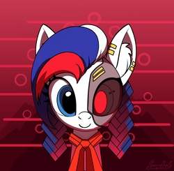 Size: 2912x2848 | Tagged: safe, artist:lunebat, oc, oc only, oc:marussia, cyborg, pony, blue eye, high res, nation ponies, piercing, ponified, red background, russia, simple background, smiling, solo