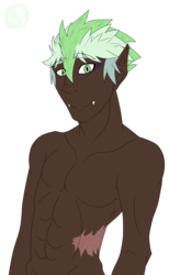 Size: 1684x2742 | Tagged: safe, artist:moonaknight13, spike, human, g4, alternate universe, clothes, dark skin, fangs, humanized, male, markings, partial nudity, scar, simple background, solo, topless, transparent background
