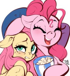Size: 1295x1402 | Tagged: safe, artist:tohupo, fluttershy, pinkie pie, earth pony, pegasus, pony, g4, crying, duo, eyes closed, female, floppy ears, food, laughing, mare, open mouth, popcorn