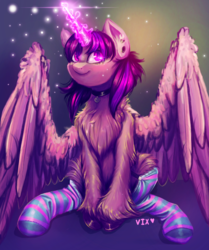Size: 3355x4008 | Tagged: dead source, safe, artist:thewickedvix, twilight sparkle, alicorn, pony, g4, book, chest fluff, clothes, collar, ear fluff, ear piercing, female, fluffy, glowing horn, horn, piercing, socks, solo, striped socks, twilight sparkle (alicorn), unshorn fetlocks