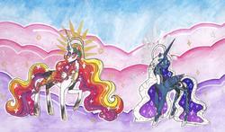 Size: 1280x754 | Tagged: safe, artist:draw1709, princess celestia, princess luna, alicorn, pony, g4, alternate design, day, looking at you, queen celestia, queen luna, royal sisters, sisters, traditional art