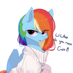 Size: 1000x1000 | Tagged: source needed, safe, artist:heddopen, rainbow dash, pegasus, pony, g4, blushing, cheek fluff, clothes, cute, cutie mark accessory, dashabetes, dialogue, ear fluff, eye clipping through hair, female, i'm not cute, jewelry, looking at you, mare, necklace, simple background, solo, sweat, sweater, white background