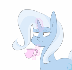 Size: 1551x1507 | Tagged: safe, artist:c0pter, trixie, pony, unicorn, g4, cup, female, frown, levitation, magic, mare, simple background, solo, teacup, telekinesis, white background