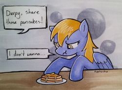 Size: 600x443 | Tagged: safe, artist:norcinu, derpy hooves, pegasus, pony, g4, dialogue, female, food, offscreen character, pancakes, solo, traditional art