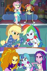 Size: 730x1095 | Tagged: safe, artist:3d4d, screencap, adagio dazzle, applejack, aria blaze, fluttershy, rainbow dash, sonata dusk, sunset shimmer, human, siren, equestria girls, g4, game stream, my little pony equestria girls: better together, my little pony equestria girls: rainbow rocks, angry, converse, determined, gaming, gaming headset, headphones, headset, psycho gamer sunset, rageset shimmer, shoes, the dazzlings, varying degrees of amusement, video game