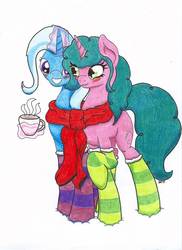 Size: 762x1048 | Tagged: safe, artist:inphero, trixie, pony, g4, blushing, clothes, crack shipping, female, friendship student, lesbian, scarf, shared clothing, shared scarf, shipping, snow, socks, striped socks, traditional art