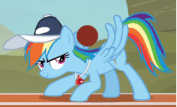 Size: 840x512 | Tagged: safe, screencap, rainbow dash, pegasus, pony, common ground, animated, ball, buckball, cap, coach rainbow dash, female, gif, hat, loop, mare, rainbow dashs coaching whistle, solo, whistle, whistle necklace, wing hands, wings