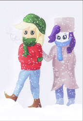 Size: 507x742 | Tagged: safe, artist:samyvillaly, applejack, rarity, human, equestria girls, g4, bundled up for winter, clothes, female, lesbian, ship:rarijack, shipping, snow, winter, winter outfit